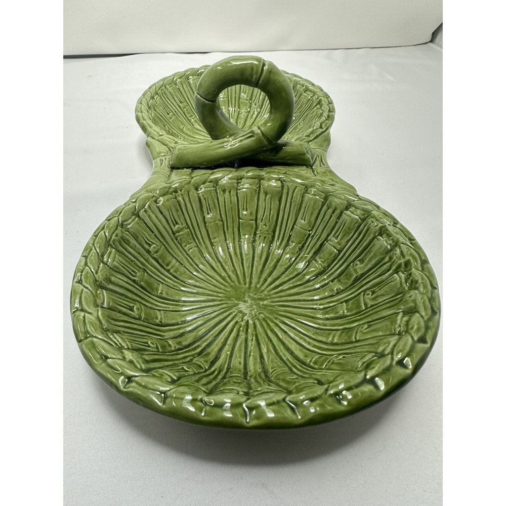Vintage MCM Pottery Double Green Platter Majolica Italy Asparagus Pattern Handle